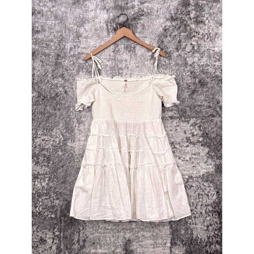 Free People Happy With You Dress Womens White Smocked Tiered Babydoll L Large